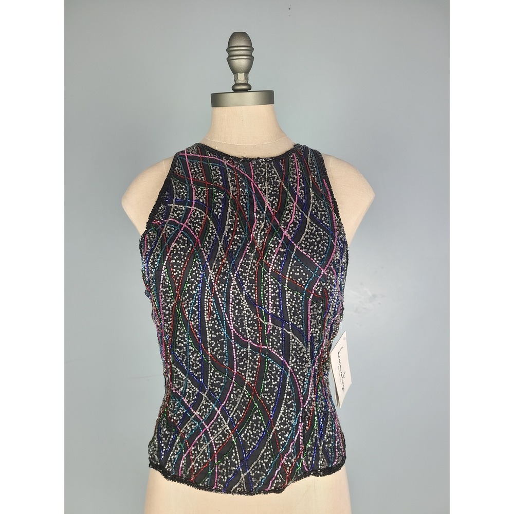 VTG Laurence‎ Kazar Sz L 100% Silk Beaded Top Fitted Y2K Going Out 70s Disco NEW